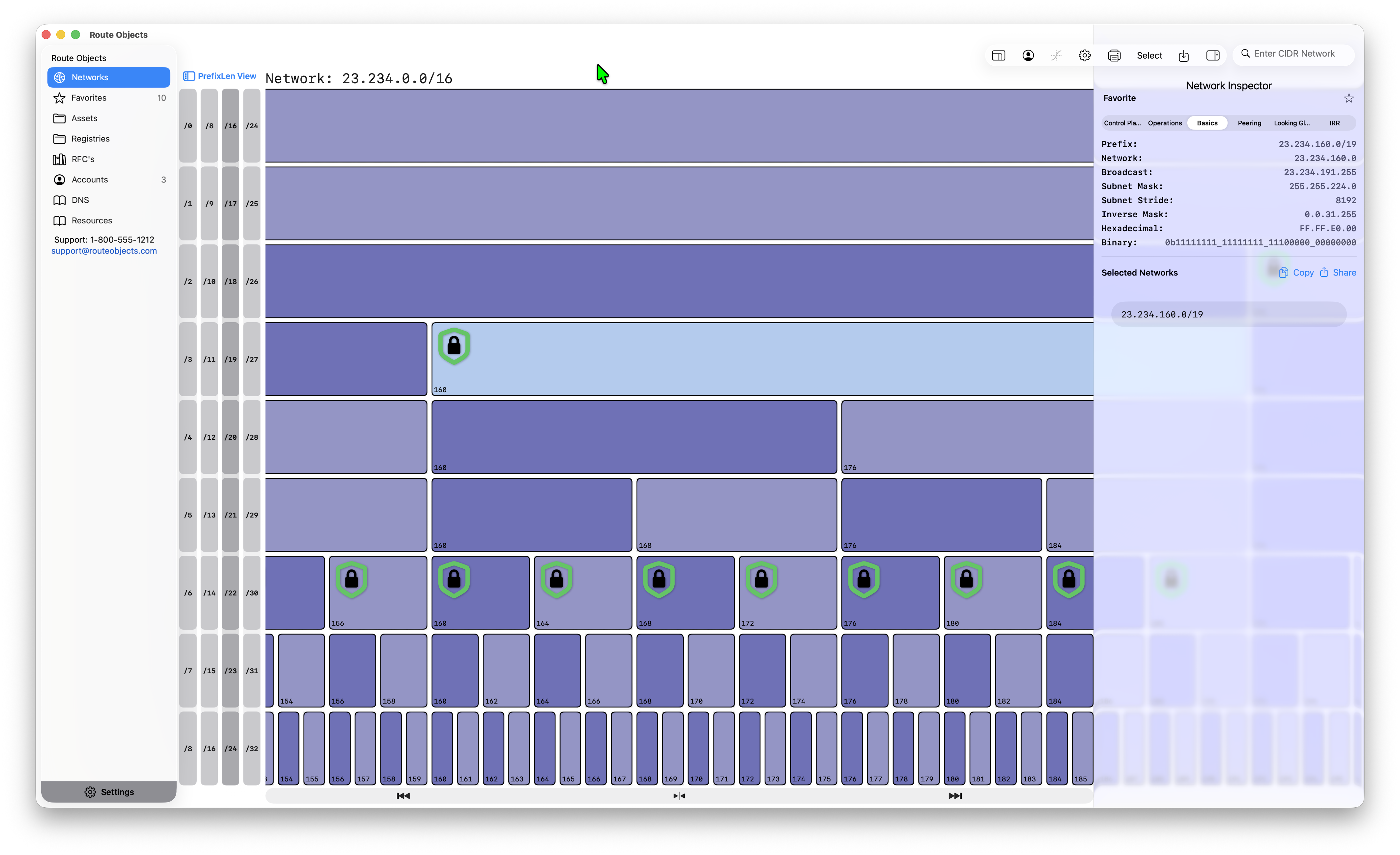 RouteObjects showing a visual hierarchy of network prefixes and an inspector with network, broadcast, subnet mask, and binary details.